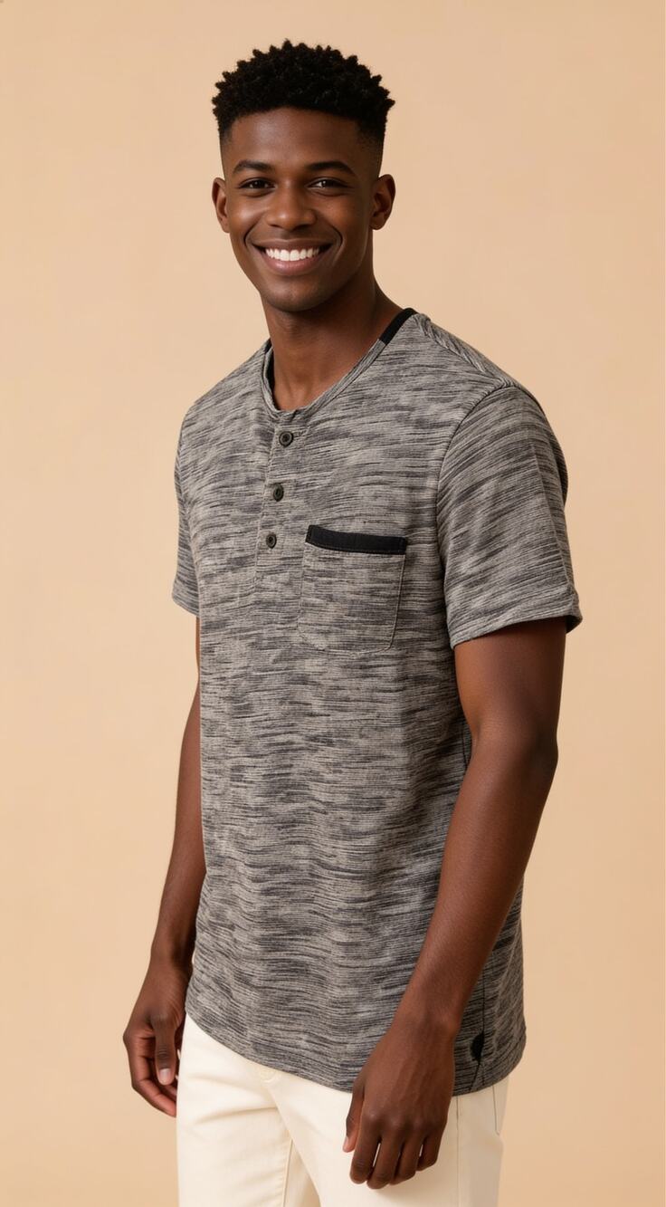 Express Gray Marled Short-Sleeve Henley with Black Pocket Trim